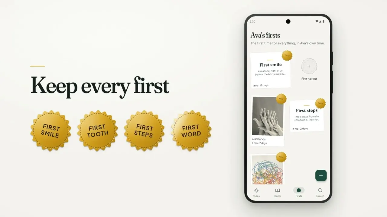 A frame from the Everkeep film: the words Keep every first, four gold seals, and the Firsts screen on a phone