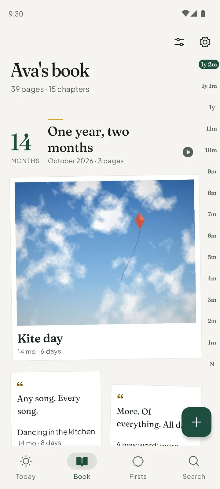 The Book screen: Ava's book, 39 pages in 15 chapters, open at the chapter One year, two months with a photo print titled Kite day