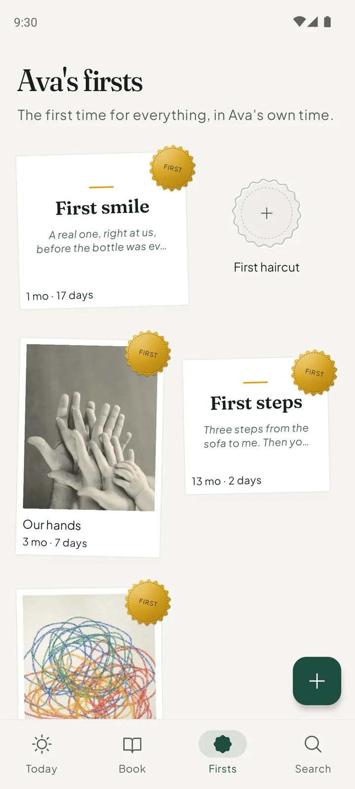 Ava's firsts: First smile at 1 month 17 days and First steps at 13 months 2 days, each with a gold seal, and an empty place for First haircut