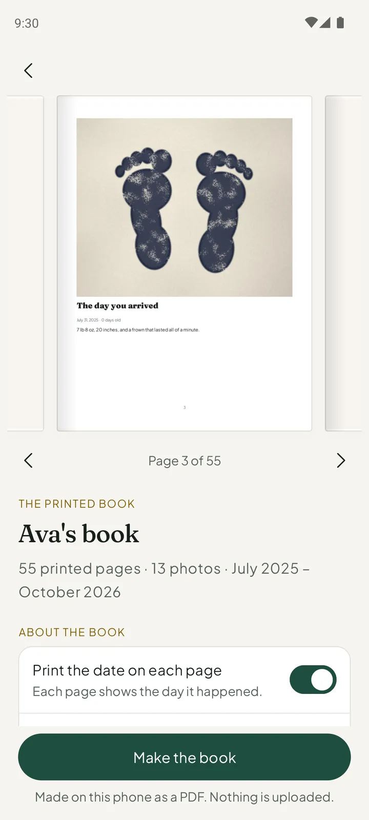 The printed book: a preview of page 3 of 55 of Ava's book, with footprints and the title The day you arrived, and the button Make the book