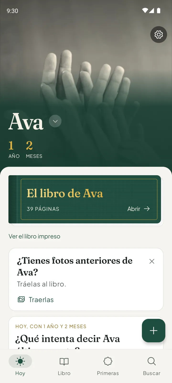 La pantalla Hoy de Everkeep: la portada de Ava con su edad, 1 año y 2 meses, y el libro de Ava con 39 páginas listo para abrir