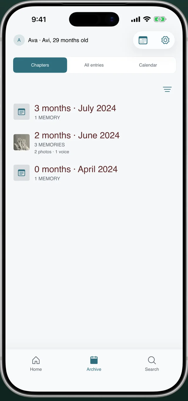 Everkeep archive screen showing baby memories organised into chapters by month and age
