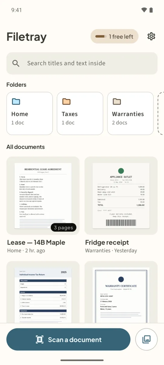 Filetray library: search box, Folders row, All documents, and the Scan a document button