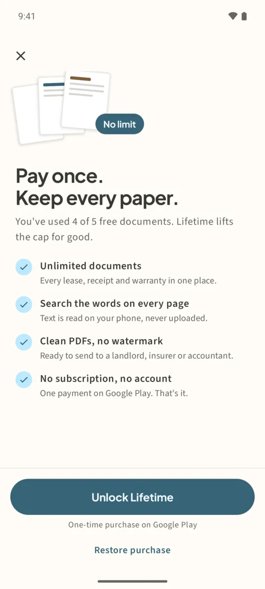 Filetray Lifetime screen with Unlock Lifetime and Restore purchase