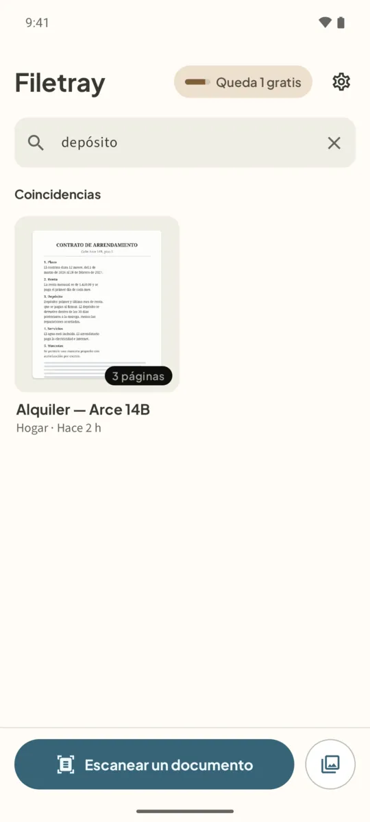 Búsqueda de depósito en la biblioteca de Filetray, con el contrato de alquiler en Coincidencias