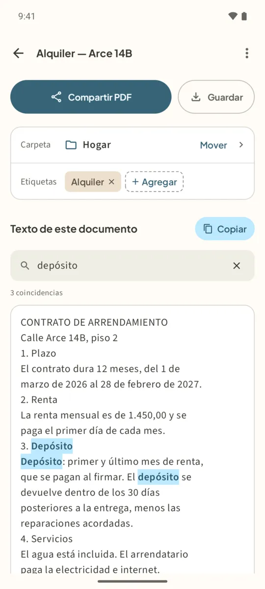 Pantalla del documento con Compartir PDF, Guardar, las filas Carpeta y Etiquetas, y Texto de este documento con Copiar y la búsqueda