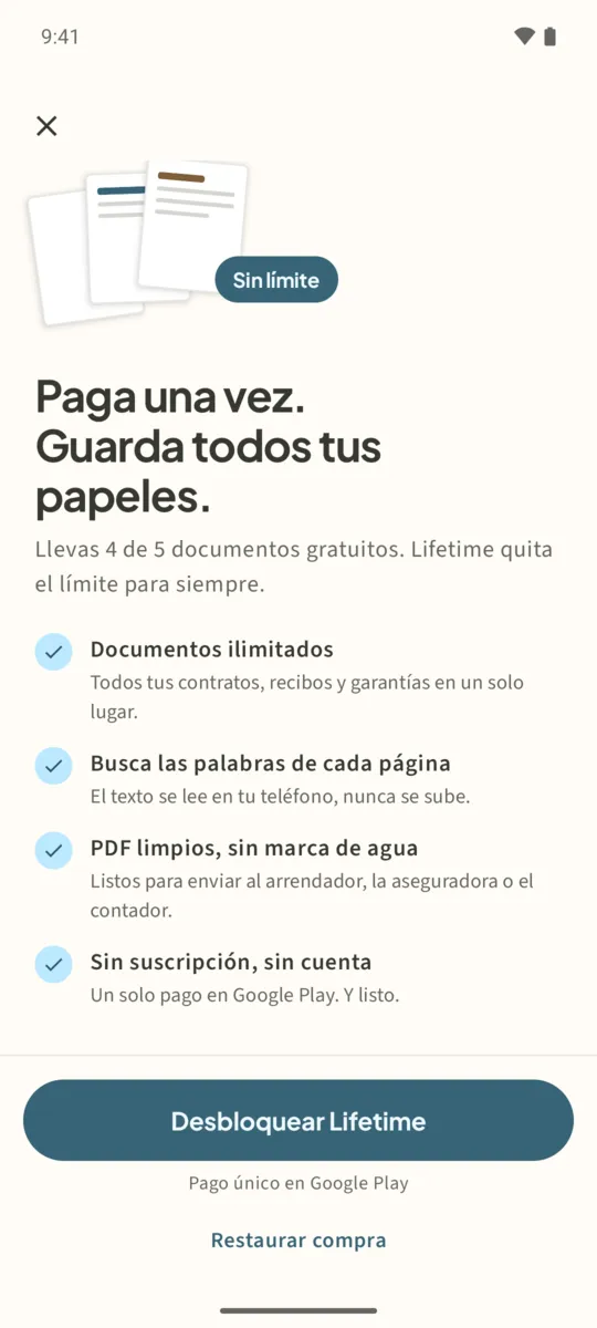 Pantalla de Filetray Lifetime con Desbloquear Lifetime y Restaurar compra