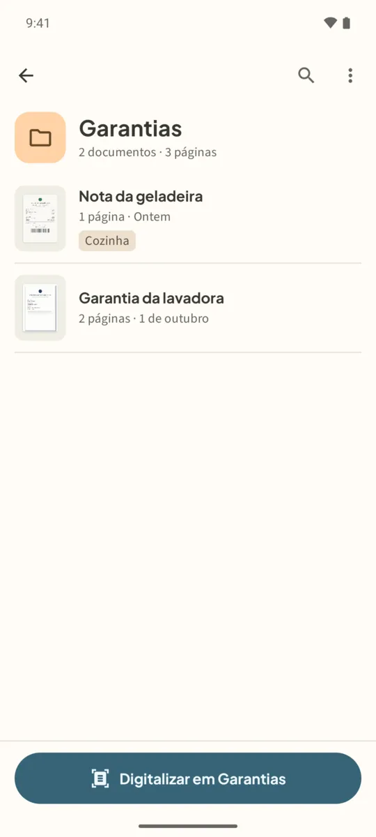 Pasta Garantias com dois documentos e o botão Digitalizar em Garantias
