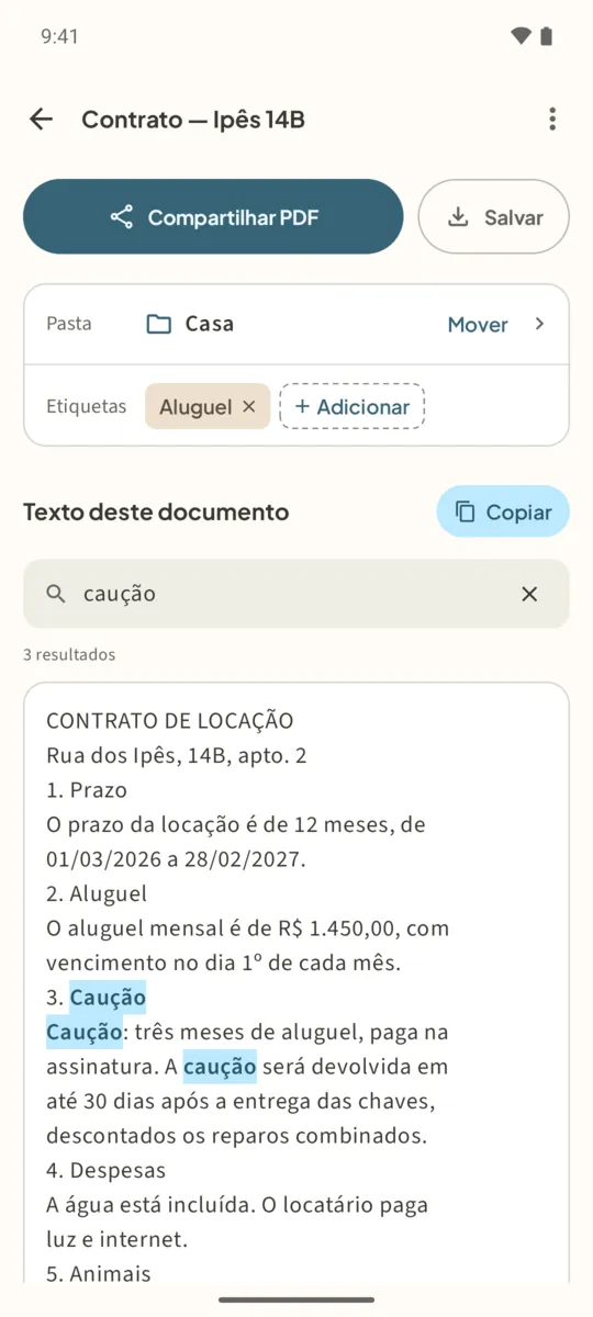 Tela do documento com Compartilhar PDF, Salvar, as linhas Pasta e Etiquetas, e Texto deste documento com Copiar e a busca