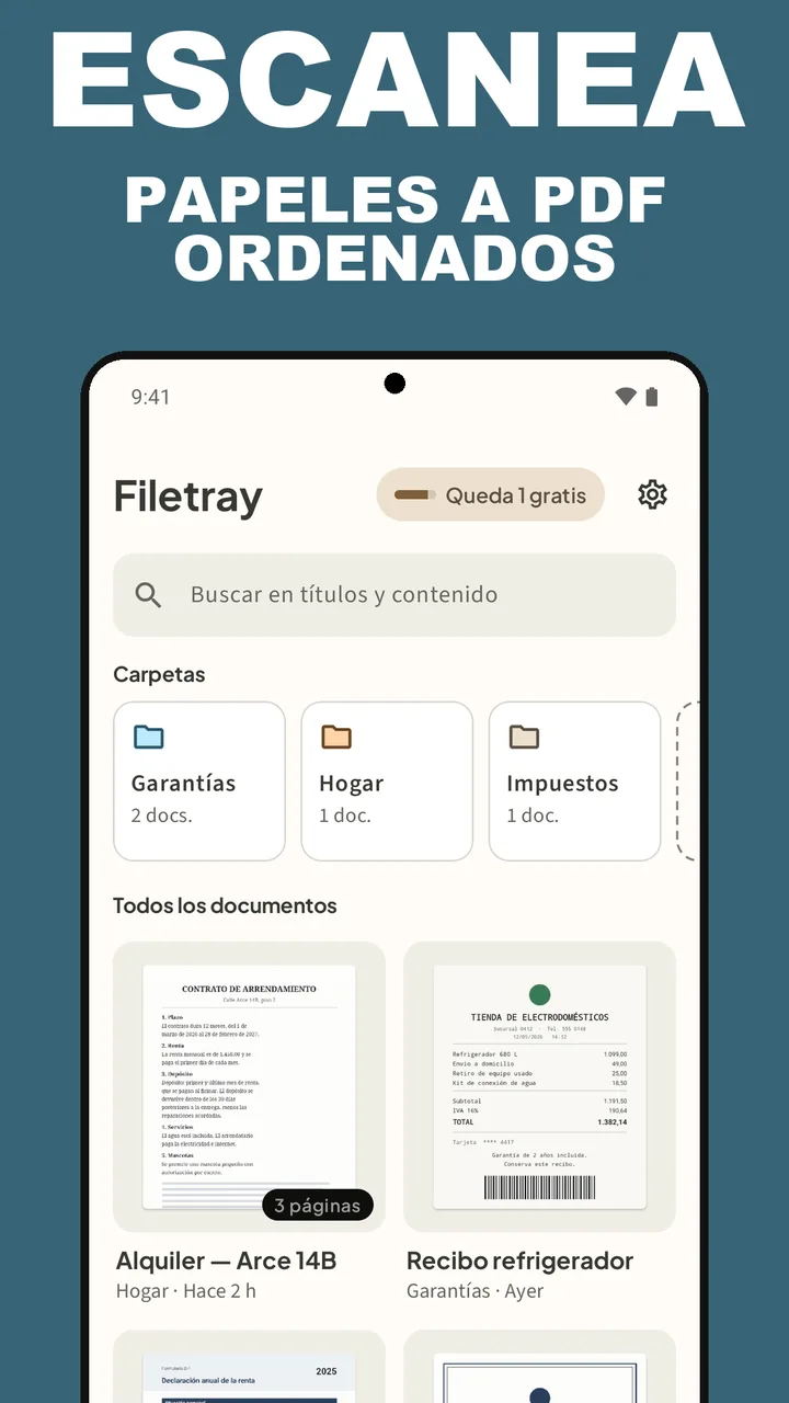 Biblioteca de Filetray con las carpetas Garantías, Hogar e Impuestos y documentos escaneados, bajo el texto Escanea papeles a PDF ordenados