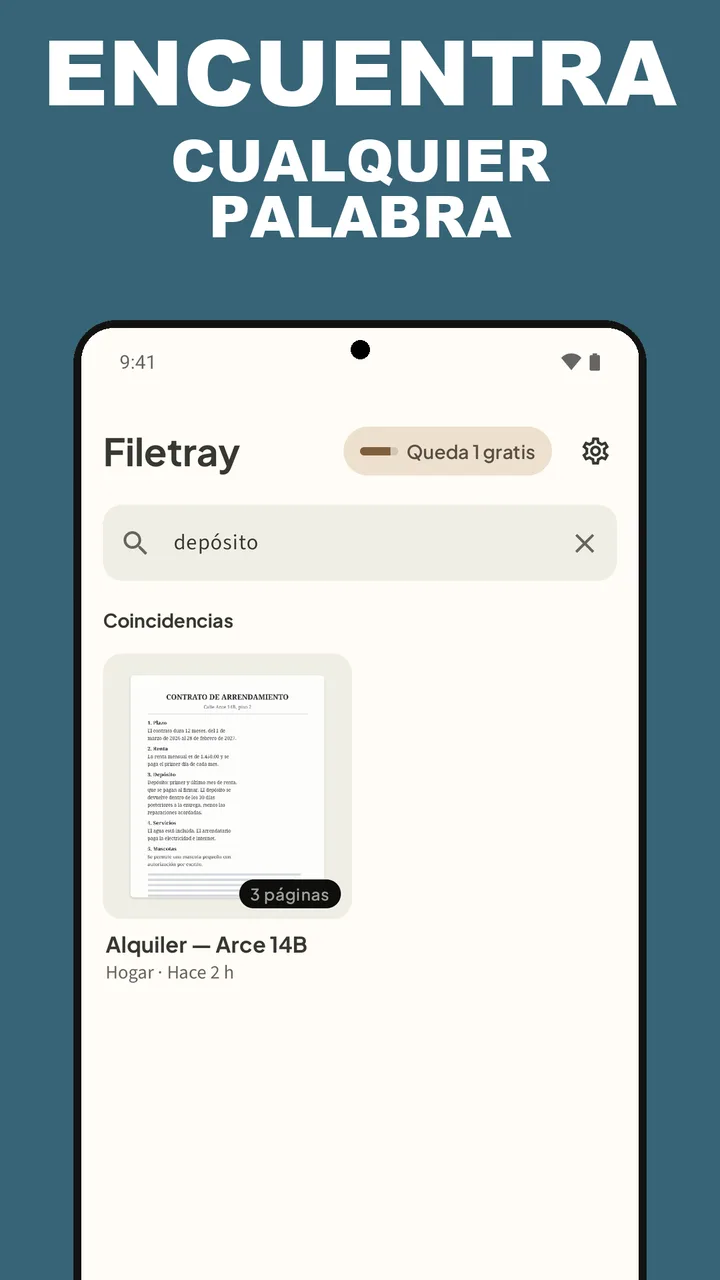 Búsqueda de la palabra depósito en Filetray, con el contrato de alquiler en Coincidencias, bajo el texto Encuentra cualquier palabra