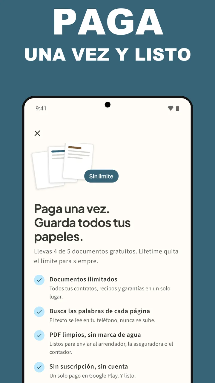 Pantalla de Filetray Lifetime: Paga una vez. Guarda todos tus papeles. Documentos ilimitados, busca las palabras de cada página, PDF limpios, sin suscripción