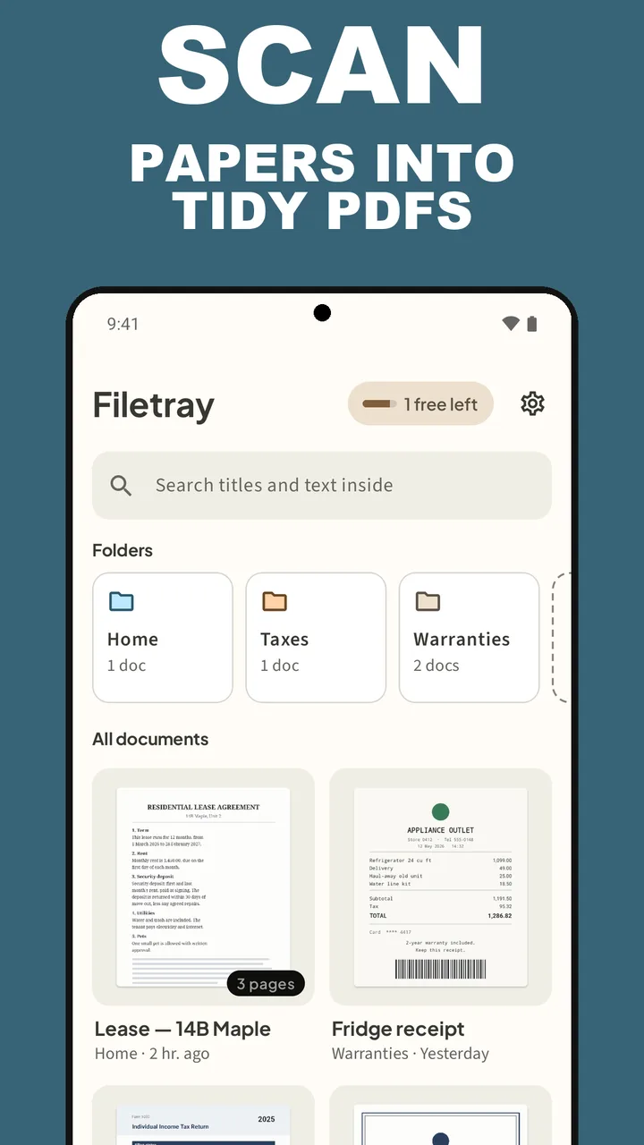 Filetray library with folders Home, Taxes and Warranties and scanned documents, under the caption Scan papers into tidy PDFs
