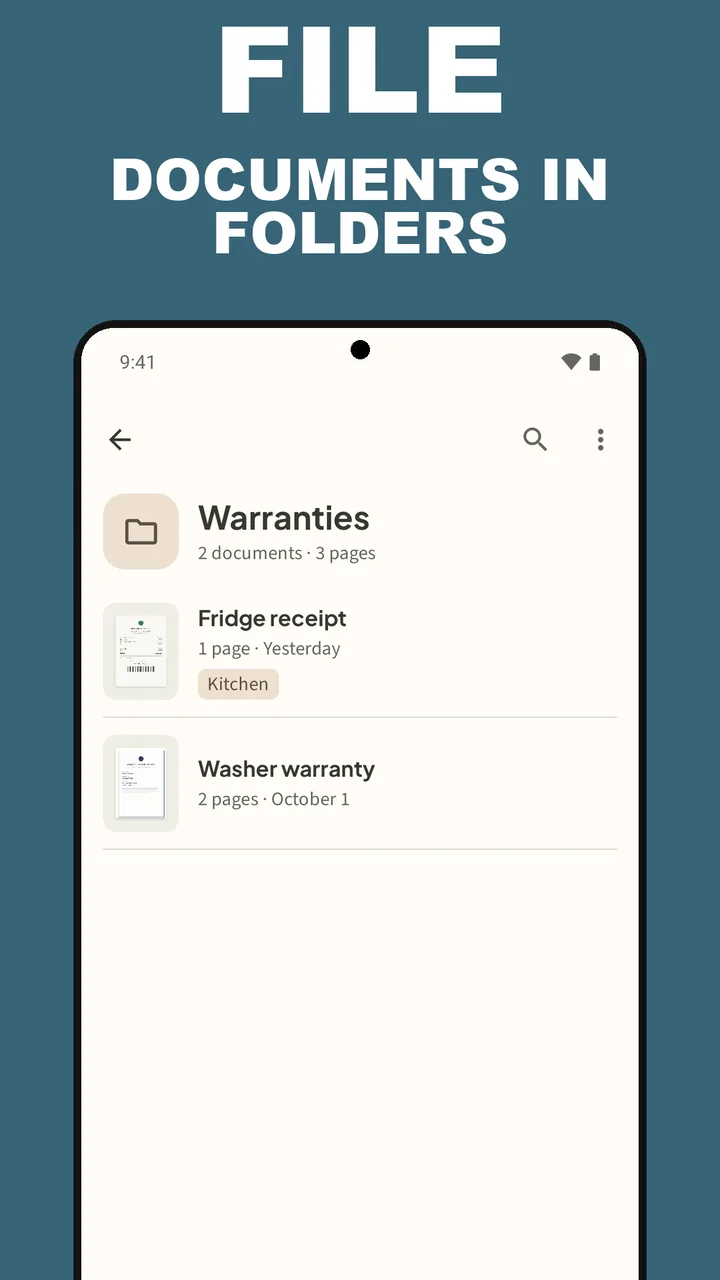 Filetray Warranties folder with a fridge receipt tagged Kitchen and a washer warranty, under the caption File documents in folders