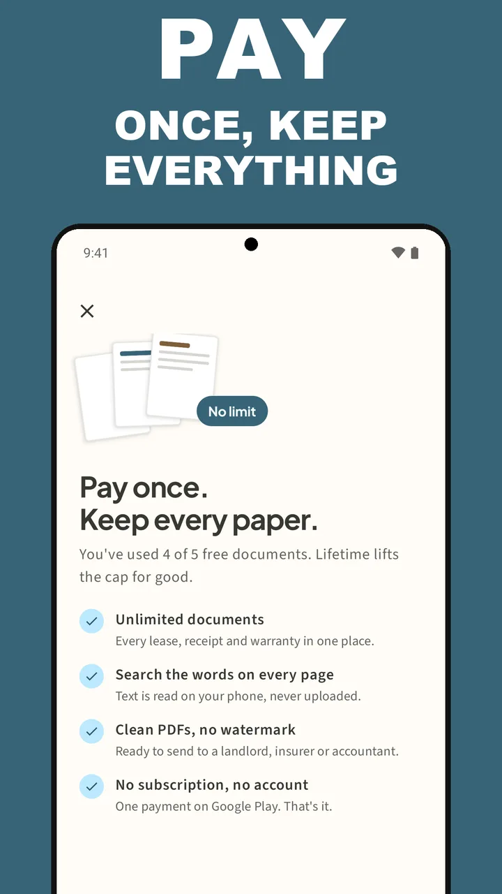 Filetray Lifetime screen: Pay once. Keep every paper. Unlimited documents, search the words on every page, clean PDFs, no subscription