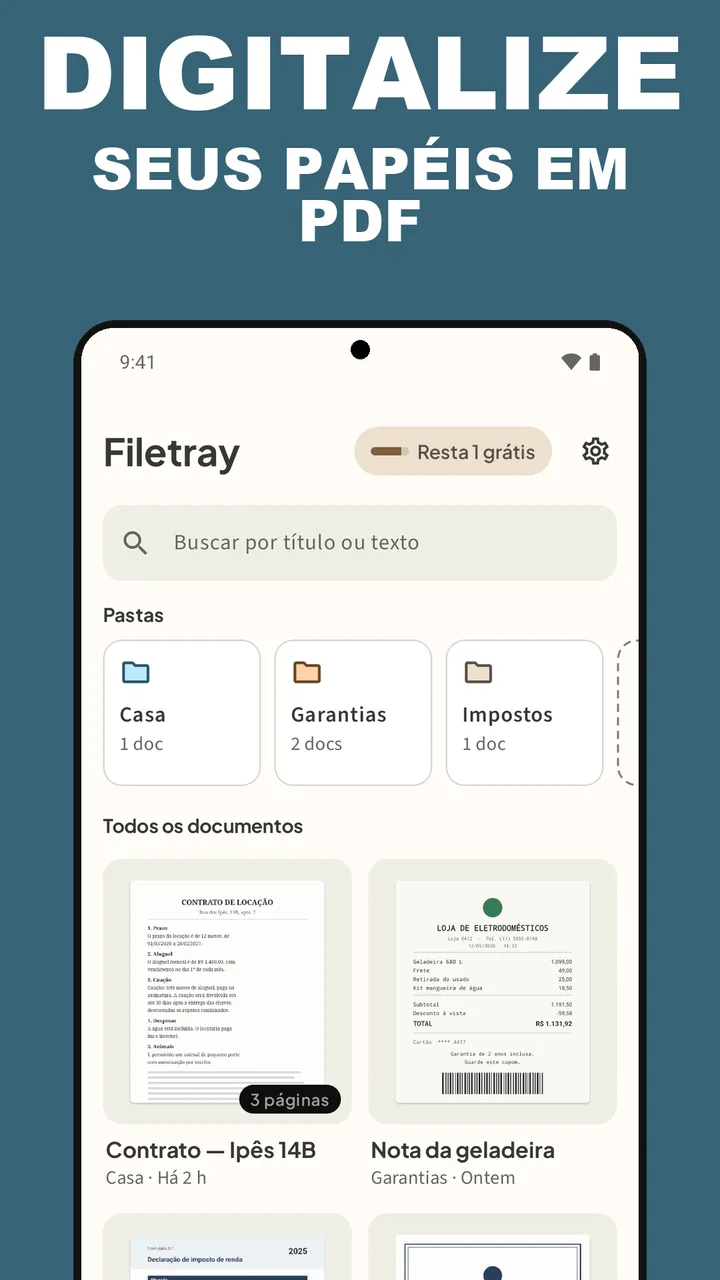 Biblioteca do Filetray com as pastas Casa, Garantias e Impostos e documentos digitalizados, com a legenda Digitalize seus papéis em PDF