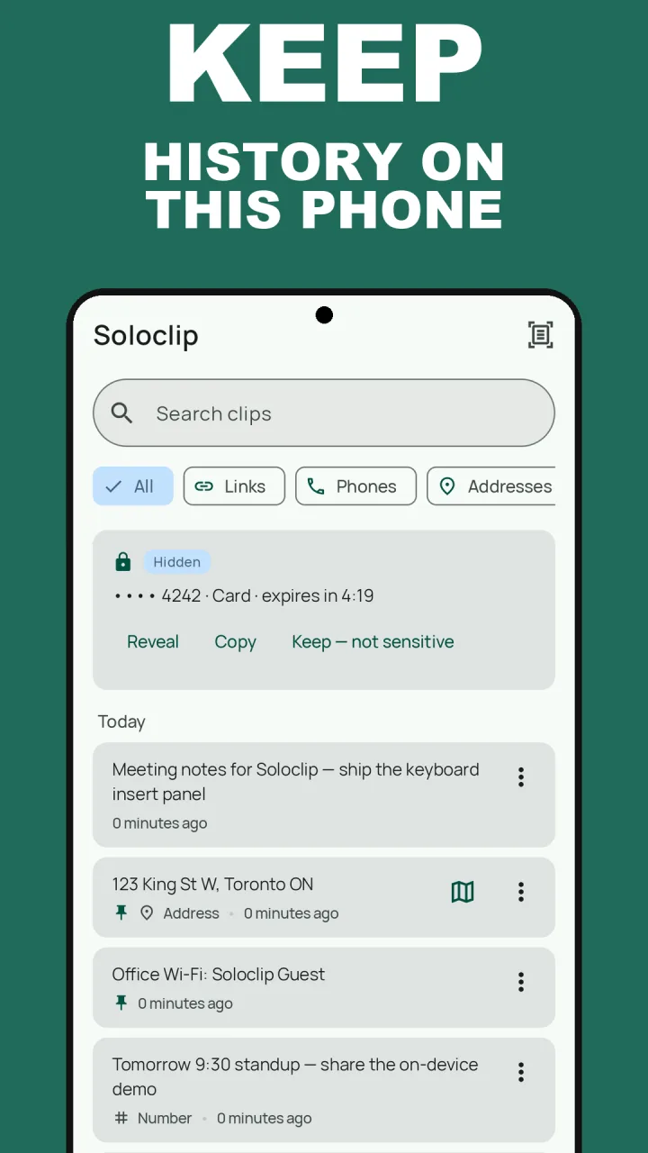 Soloclip History with chips for links, phones and addresses, and a hidden card number on top