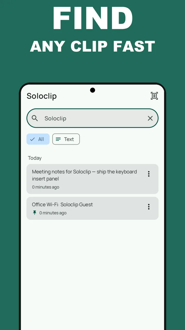 Soloclip search finding a matching clip in clipboard history