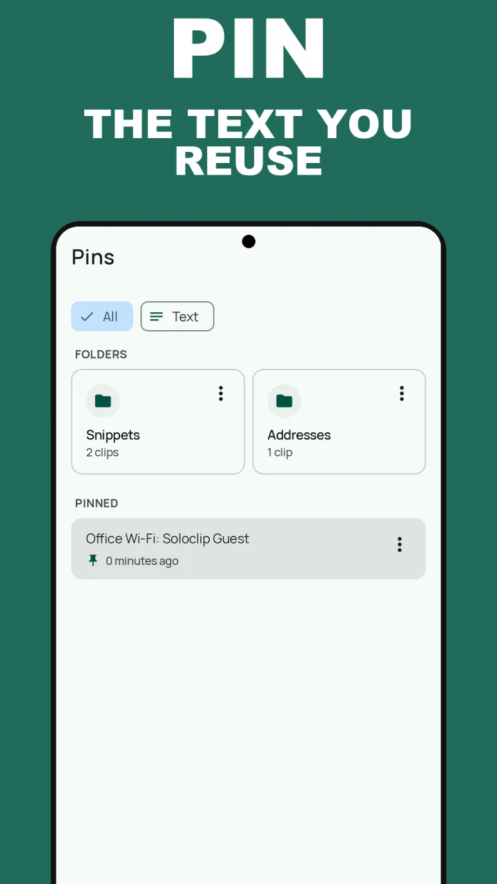 Soloclip Pins tab with snippet folders and a pinned Wi-Fi clip