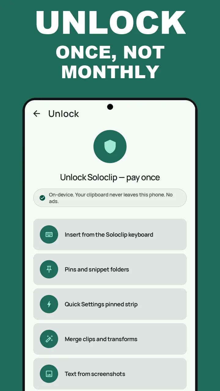 Soloclip pay-once unlock screen: keyboard insert, pins, Quick Settings strip, merge, text from screenshots