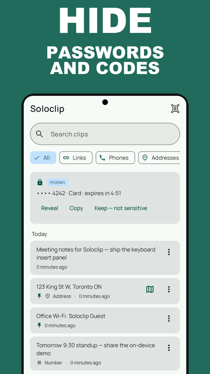 Soloclip sensitive guard: a copied card number masked as Hidden, with Reveal, Copy and an expiry countdown
