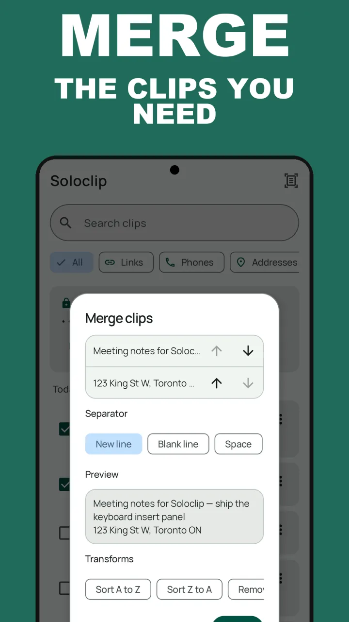 Soloclip Merge clips sheet with separator choices and a preview