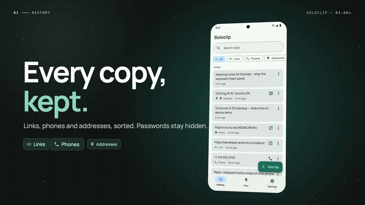 Frame from the Soloclip video: clipboard history sorted into links, phones and addresses
