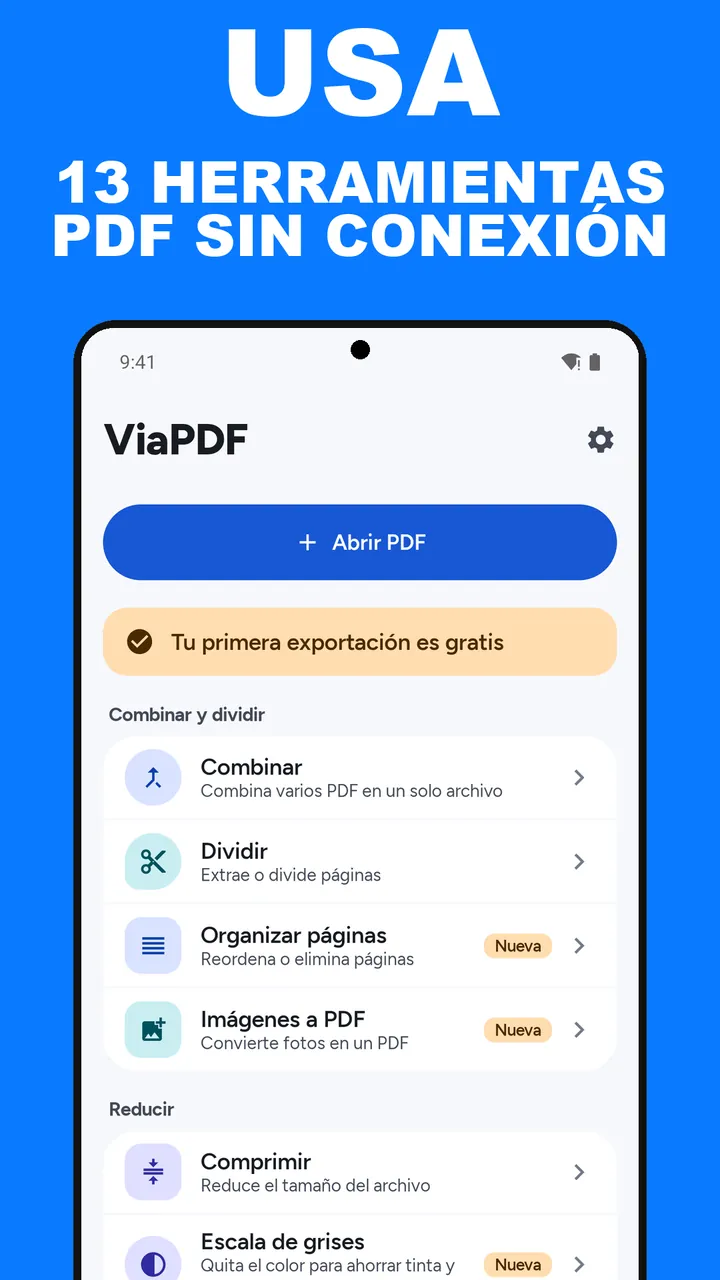 Pantalla de inicio de ViaPDF con un botón Abrir PDF y las herramientas en cuatro grupos, bajo el título Trece herramientas PDF sin conexión