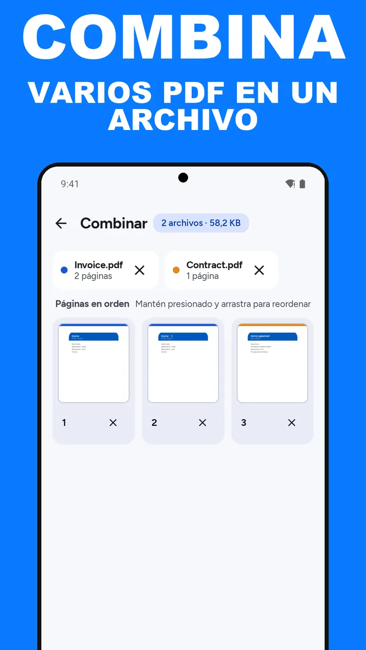 Pantalla Combinar de ViaPDF con dos archivos como etiquetas, una cuadrícula de tres páginas y un botón Combinar 3 páginas