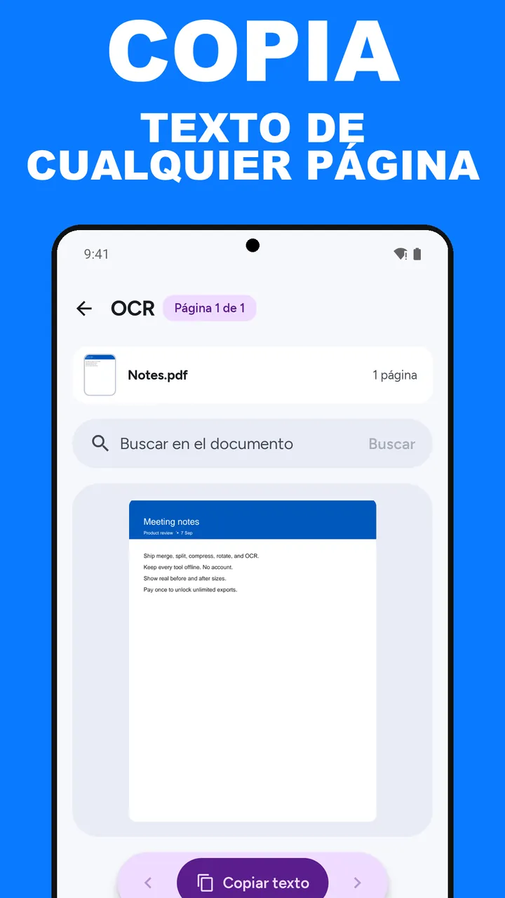 Pantalla OCR de ViaPDF con el texto de la página, Buscar en el documento y Copiar texto