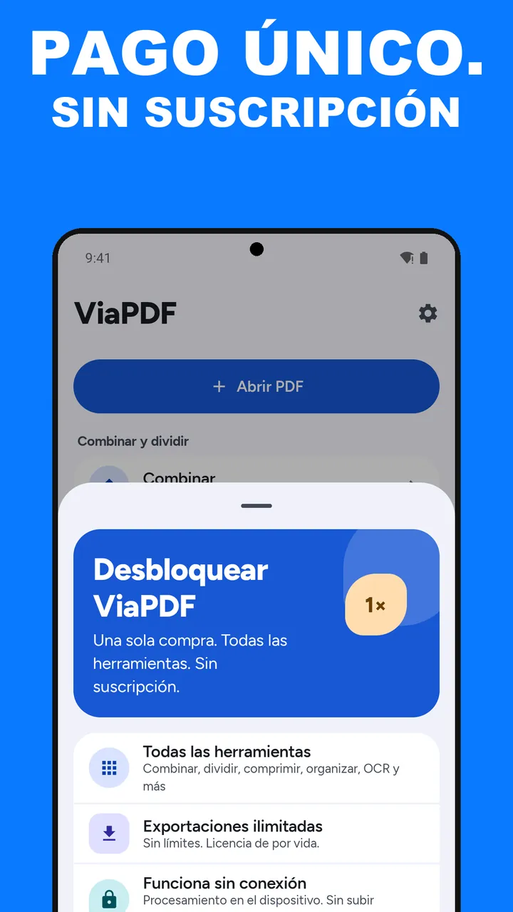 Hoja Desbloquear ViaPDF: paga una vez, sin suscripción, las trece herramientas
