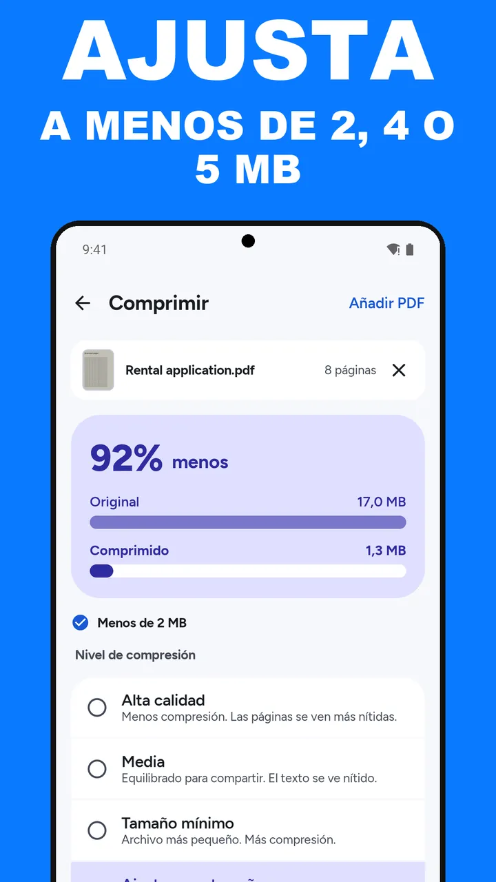 ViaPDF Comprimir con Ajustar a un tamaño: Rental application.pdf pasa de 17,0 MB a 1,3 MB, un 92% menos, con una marca de verificación y Menos de 2 MB