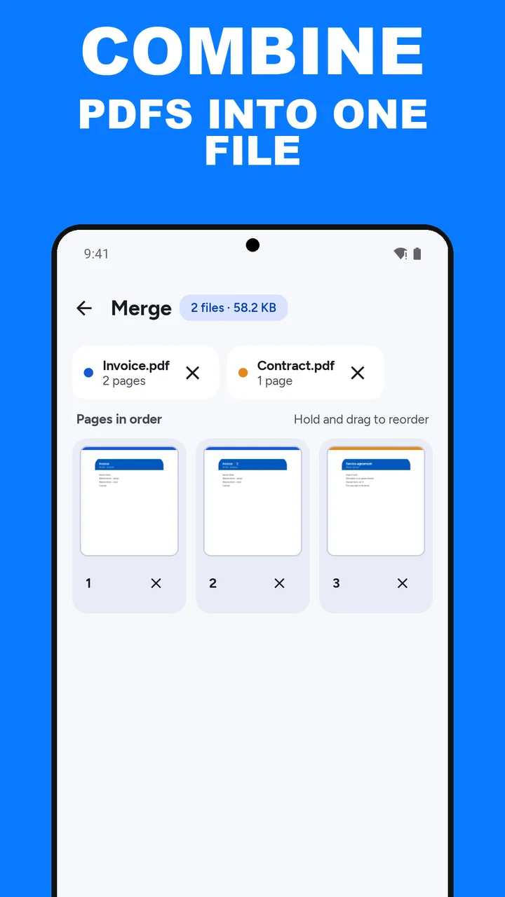 ViaPDF Merge screen with two file chips and a grid of three pages, with a Merge 3 pages button