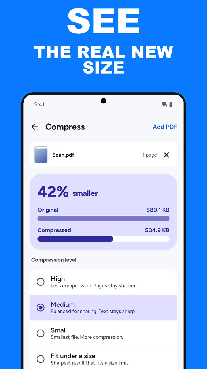 ViaPDF Compress result showing 42% smaller, 880.1 KB to 504.9 KB, with Save and Share buttons
