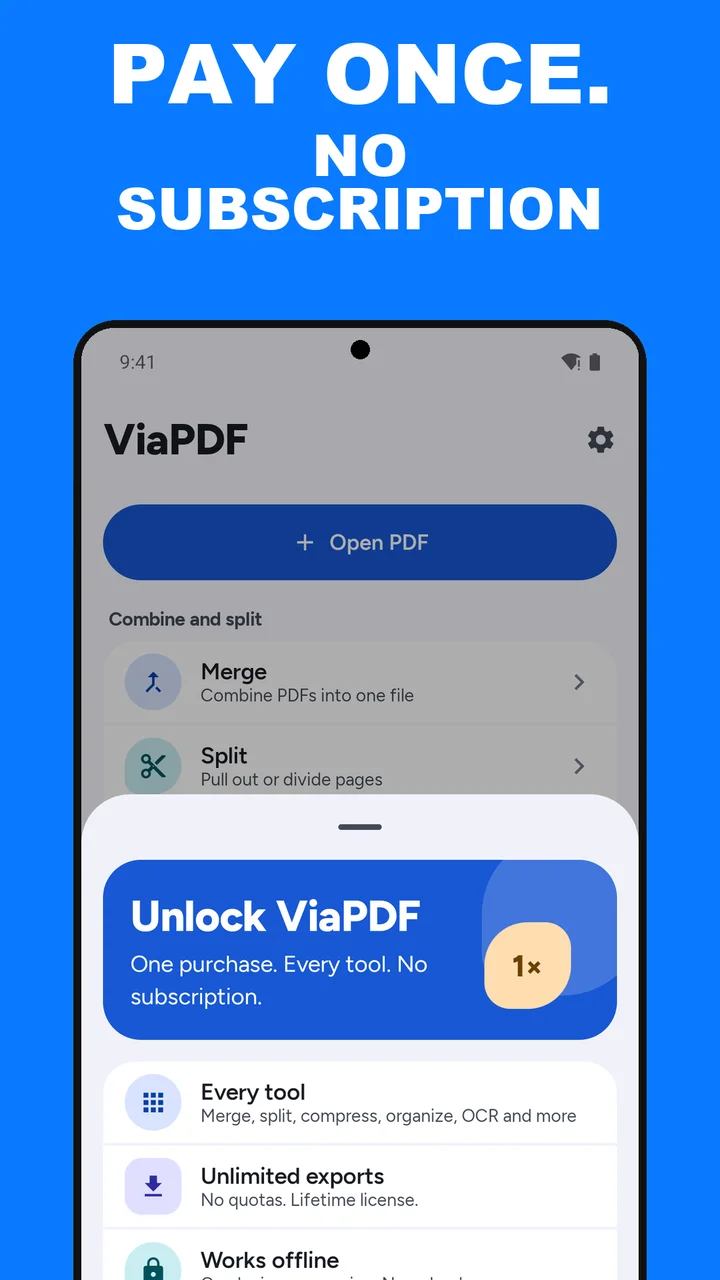 ViaPDF Unlock ViaPDF sheet: pay once, no subscription, all thirteen tools