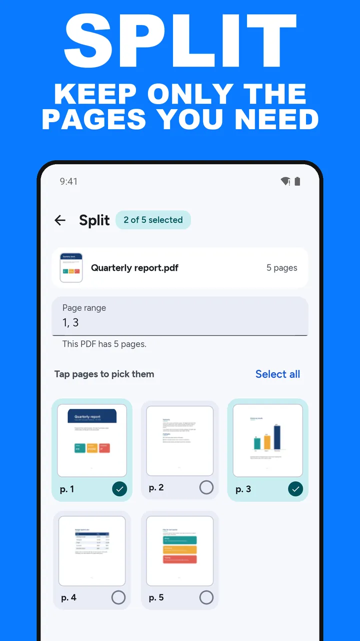 ViaPDF Split screen with Quarterly report.pdf, pages 1 and 3 picked (2 of 5 selected), and the Page range field showing 1, 3