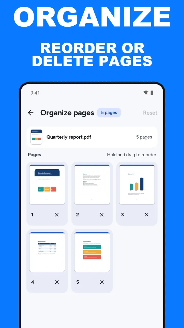 ViaPDF Organize pages screen with the five pages of Quarterly report.pdf in a grid, each with a remove button