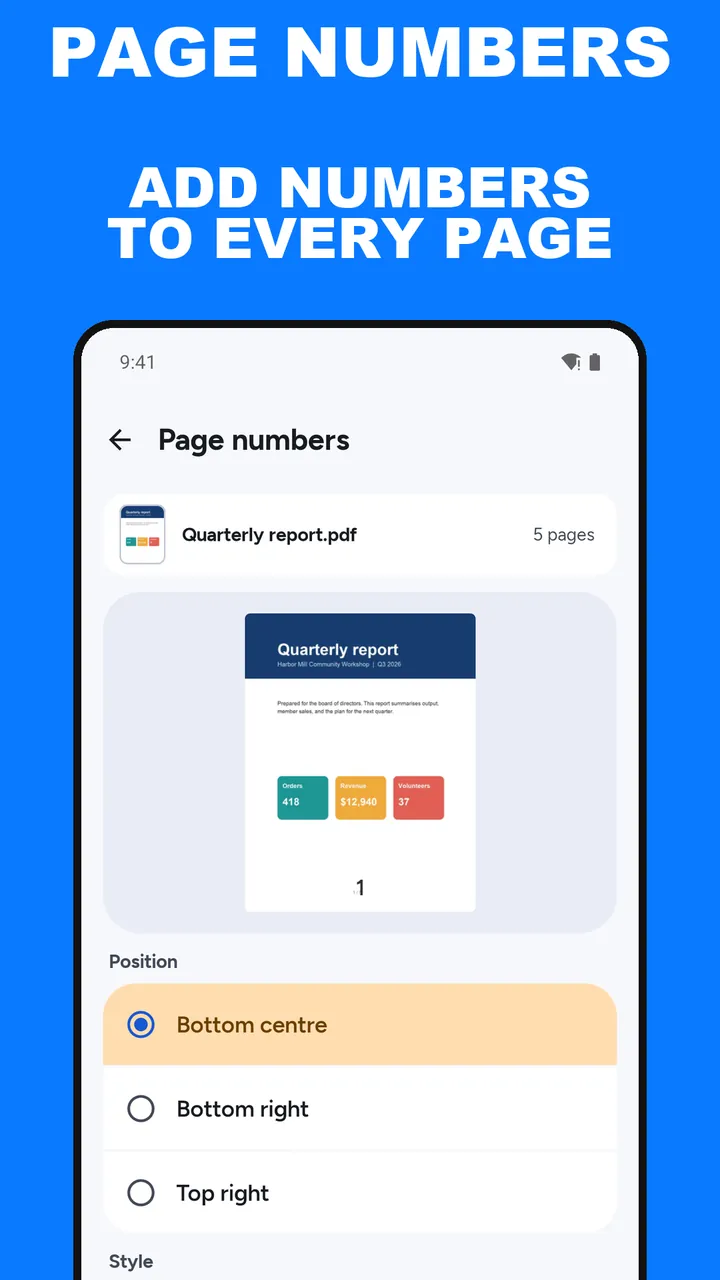 ViaPDF Page numbers screen with a preview of page 1 showing a 1 at the bottom centre, above the Position and Style options
