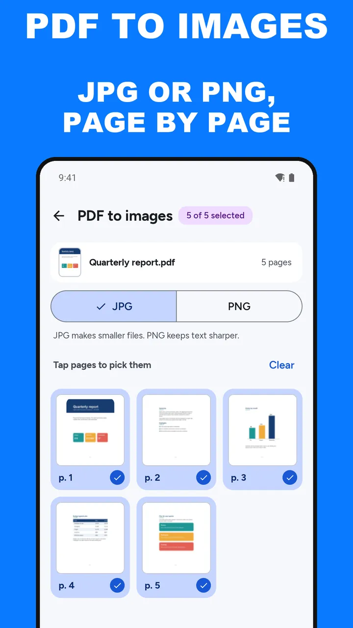 ViaPDF PDF to images screen with JPG selected, the format note, and all five pages of the PDF picked