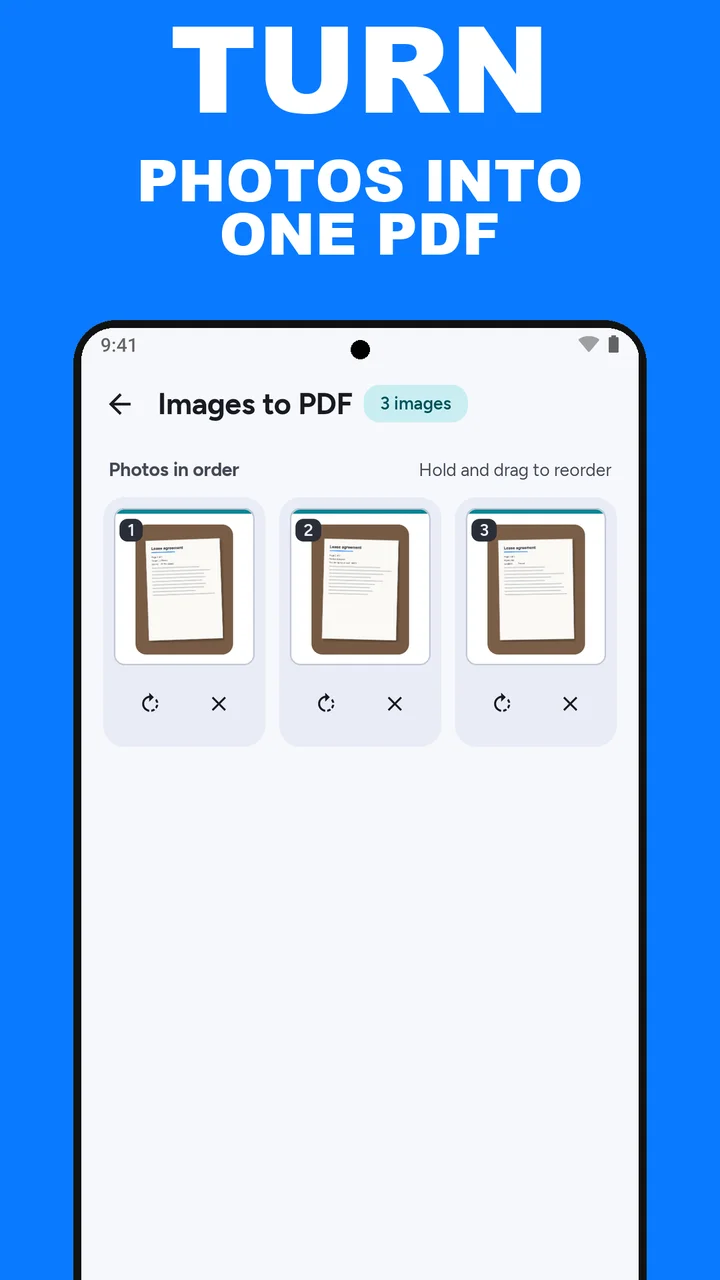ViaPDF Images to PDF with three photos of a lease agreement under Photos in order, each with a turn button and a remove button, and a Make PDF button
