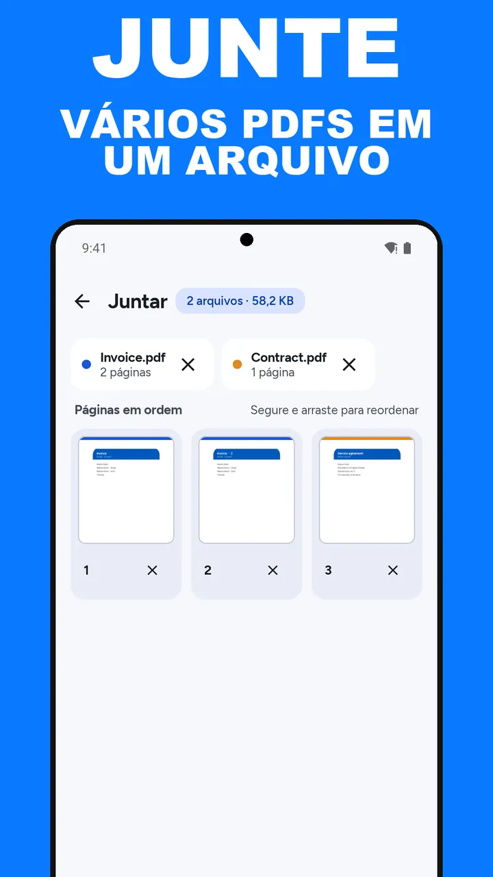 Tela Juntar do ViaPDF com dois arquivos como etiquetas, uma grade de três páginas e um botão Juntar 3 páginas