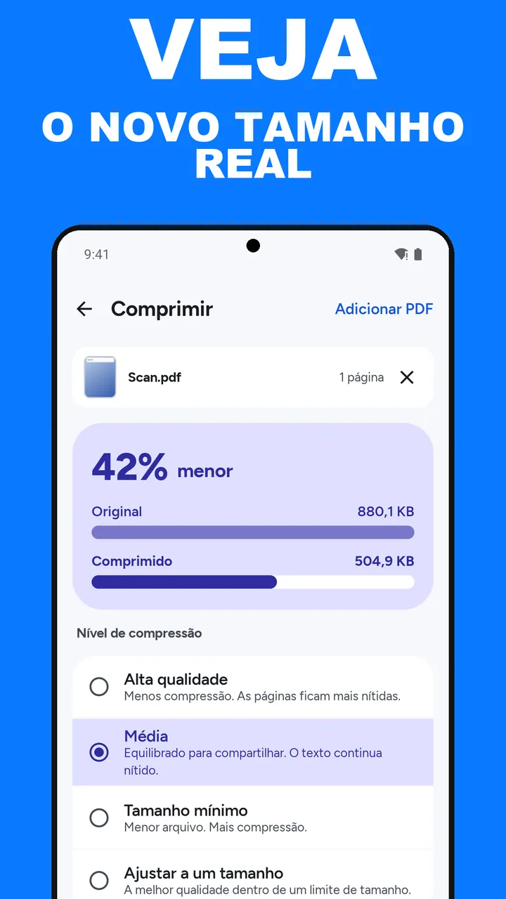Resultado do Comprimir no ViaPDF mostrando 42% menor, de 880,1 KB para 504,9 KB, com os botões Salvar e Compartilhar
