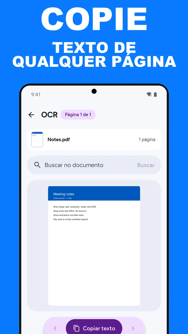 Tela OCR do ViaPDF mostrando o texto da página, com Buscar no documento e Copiar texto