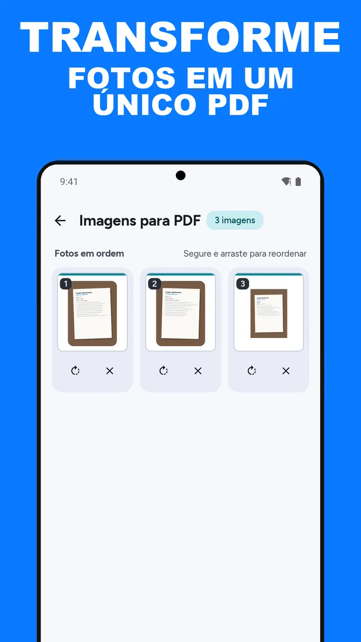 ViaPDF Imagens para PDF com três fotos de um contrato de aluguel em Fotos em ordem, cada uma com um botão de girar e um de remover, e um botão Criar PDF